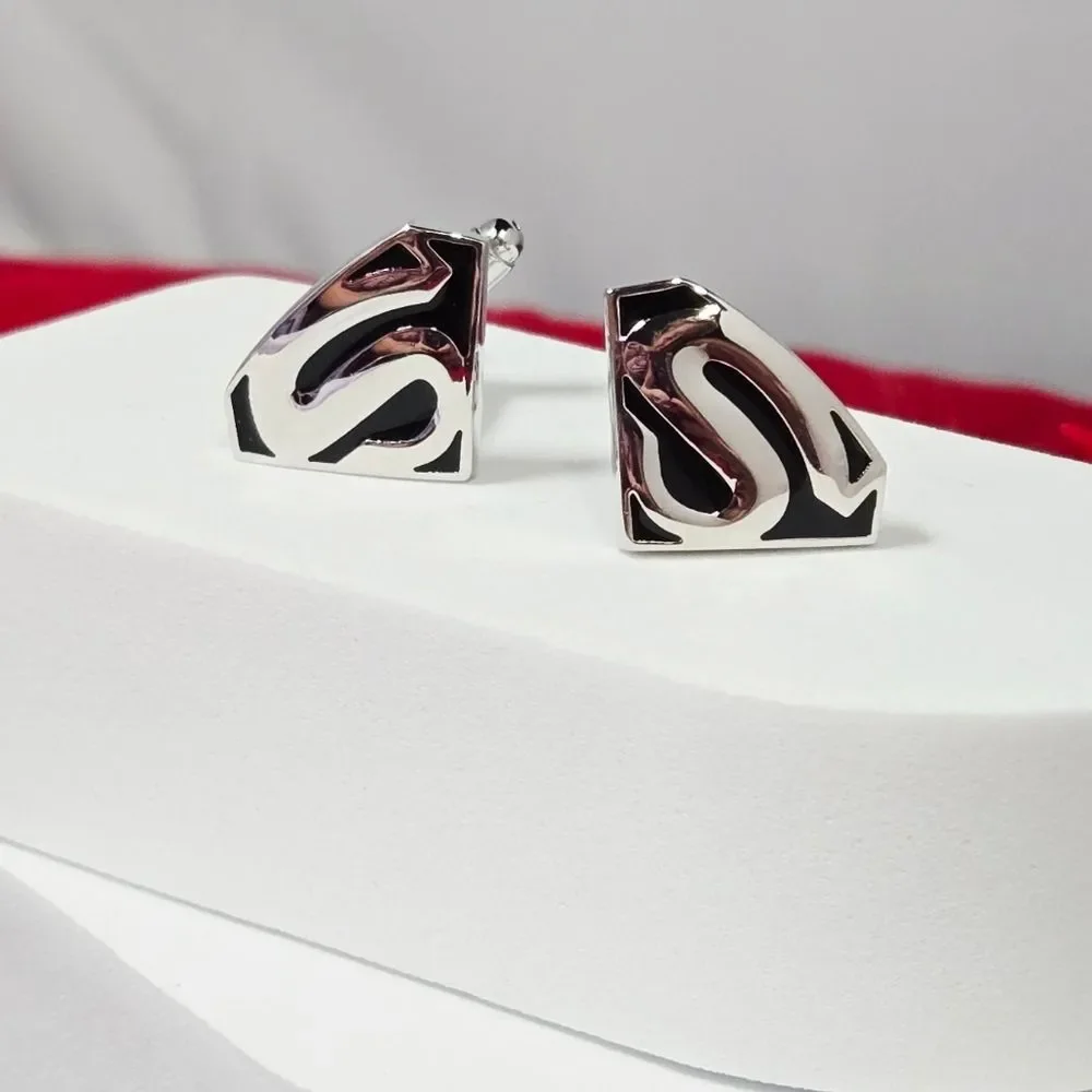 Black Superman Logo Mens Novelty French Cufflinks Silver Plated Bullet Back Gift